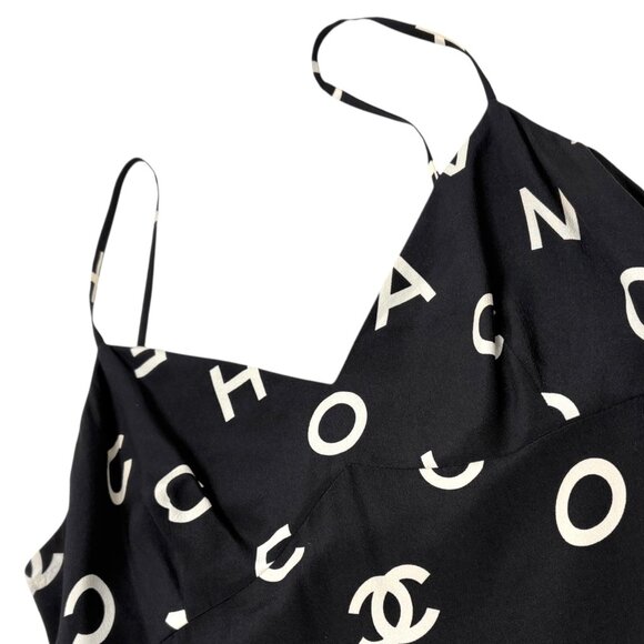 CHANEL Vintage 97P CC Logo Print Silk Camisole Slip Dress #40 Black [106075] - Picture 6 of 13